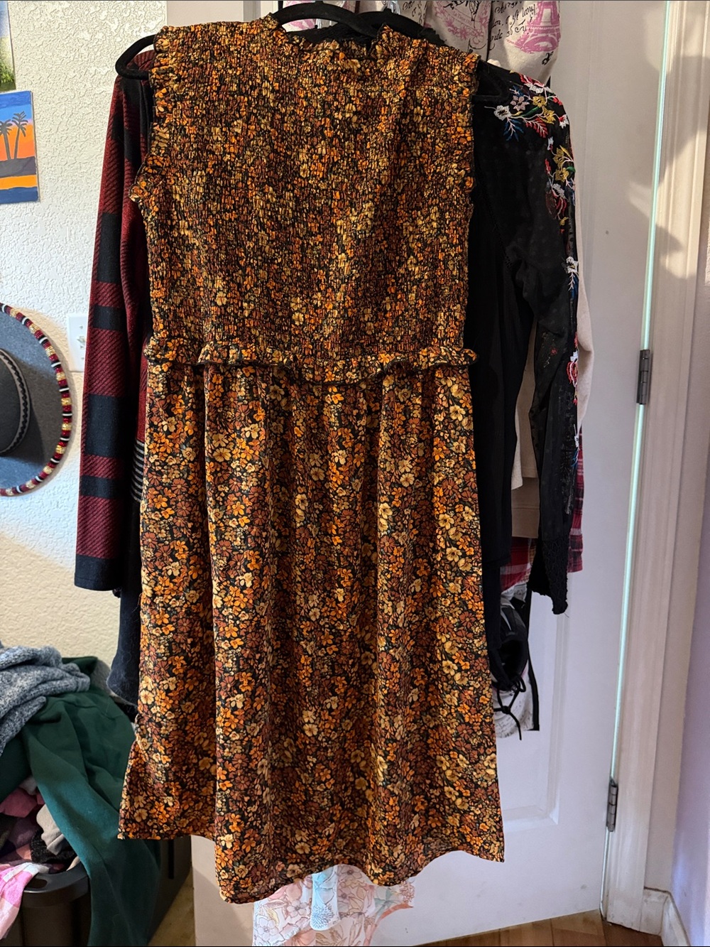 Smocked Bodice Midi Dress in Brown and Orange Floral